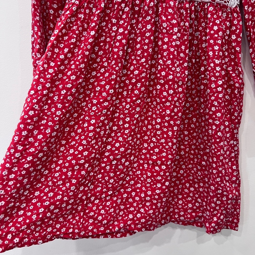 H&M Girls Red Floral Lace Dress Size 7/8 Boho Cottagecore Long Sleeve - Picture 6 of 8